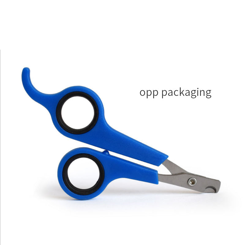 Blue pet nail clippers on a white background with 'opp packaging' text.
