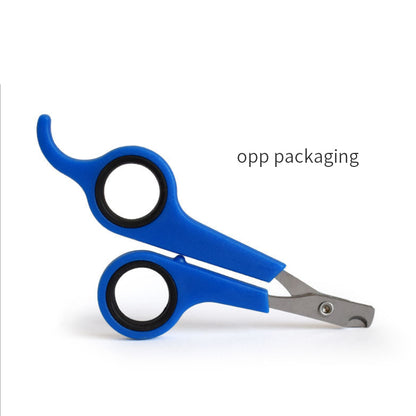 Blue pet nail clippers on a white background with 'opp packaging' text.