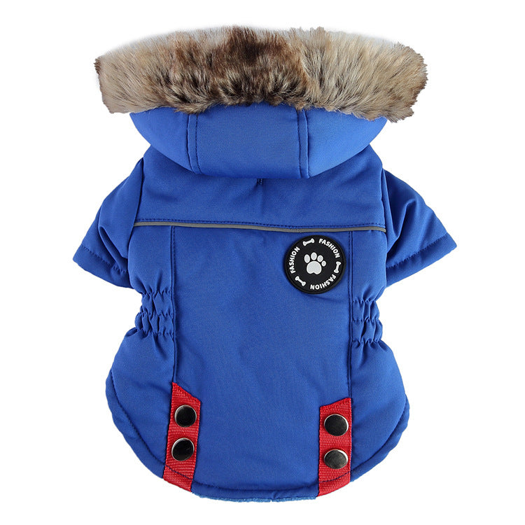 Blue dog coat with fur hood and red accents on a white background