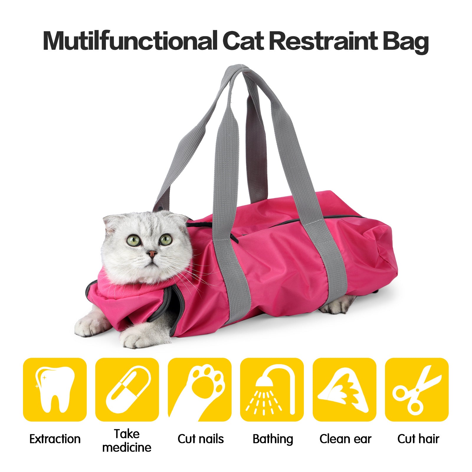 Pink multifunctional cat restraint bag with a cat inside, on a white background.