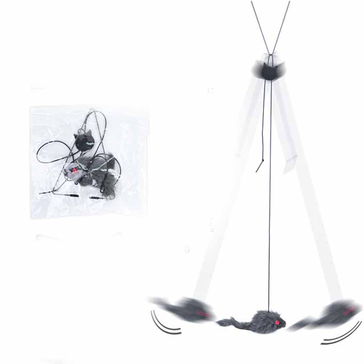 Cat toy with dangling black feather on a white background