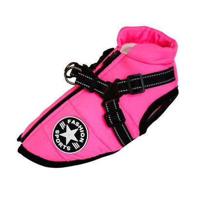 Pink dog vest with black straps and 'Fashion Sports' logo on a white background