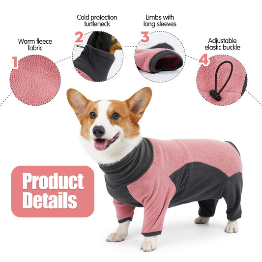 Dog wearing a pink and black fleece coat with product details on a white background