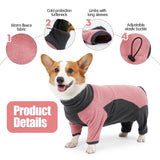 Dog wearing a pink and black fleece coat with product details on a white background
