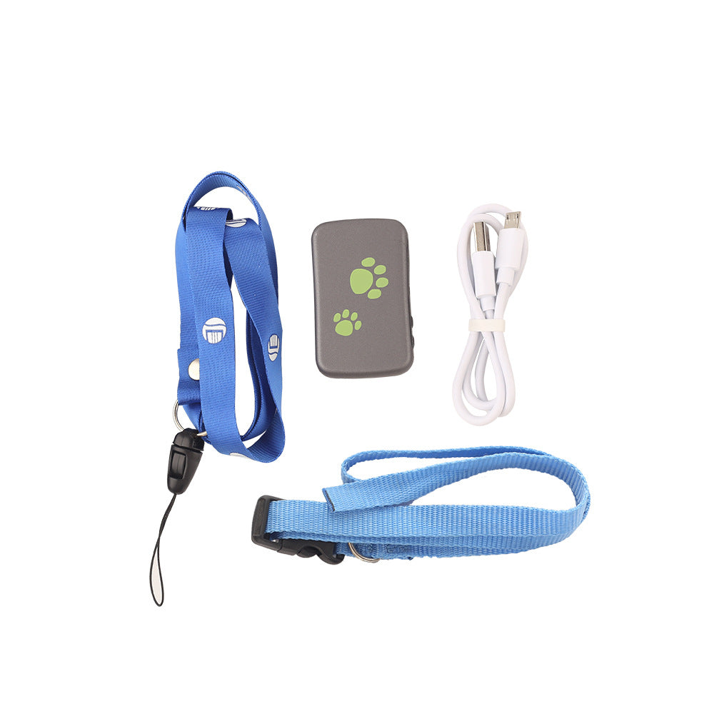 Blue pet collar with a device and USB cable on a white background