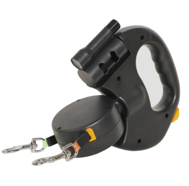 Black retractable dog leash with handle and chain on a white background