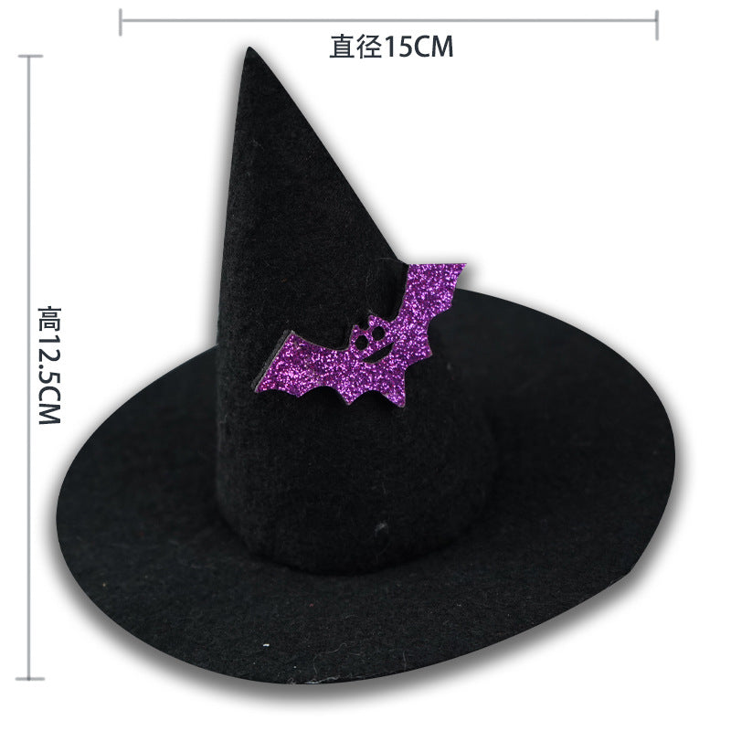 Black witch hat with a purple bat decoration and measurements on a white background