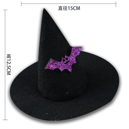 Black witch hat with a purple bat decoration and measurements on a white background