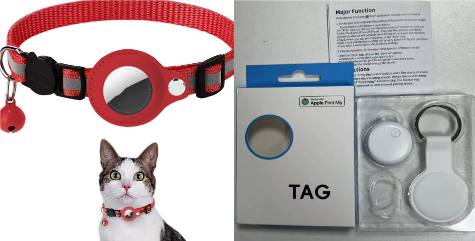 Red Reflective Waterproof AirTag Collar and key chain for Cats & Dogs and cat wearing the collar