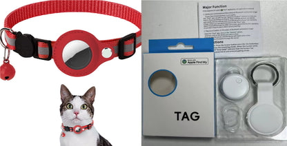 Red Reflective Waterproof AirTag Collar and key chain for Cats & Dogs and cat wearing the collar