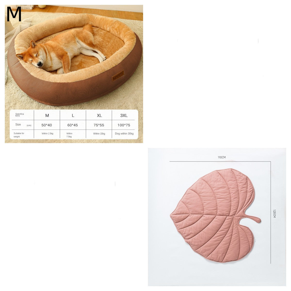 Dog lying in a brown pet bed with size chart and pink leaf-shaped mat on a white background