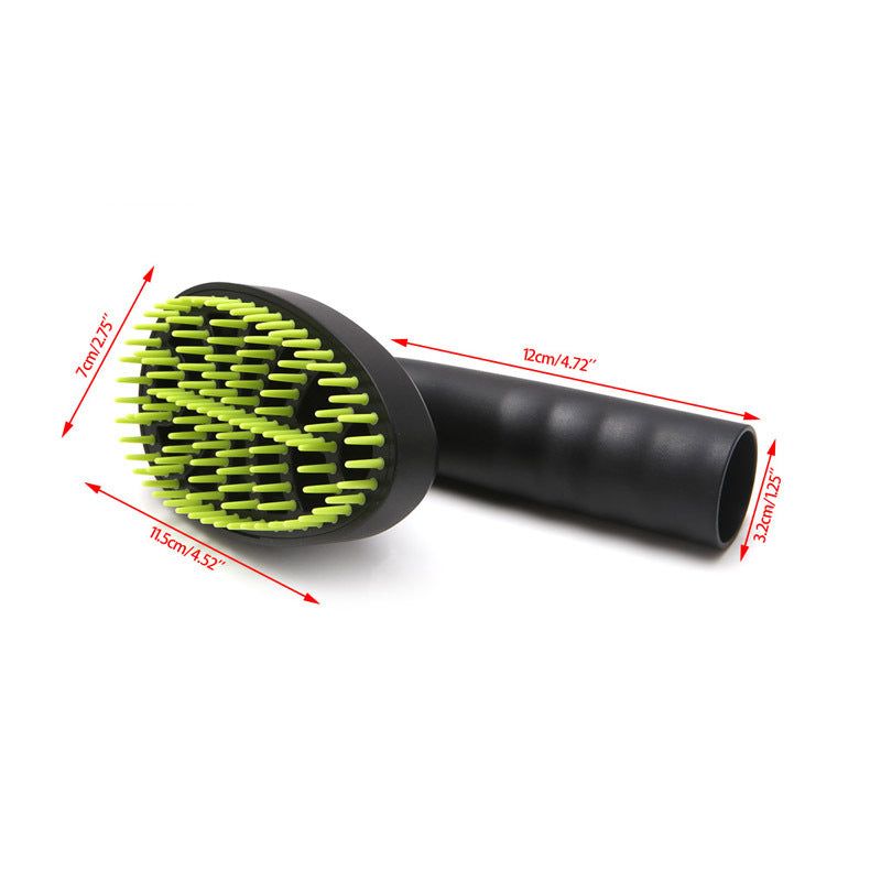 Dog grooming brush with green bristles and black handle, shown with measurements on a white background.