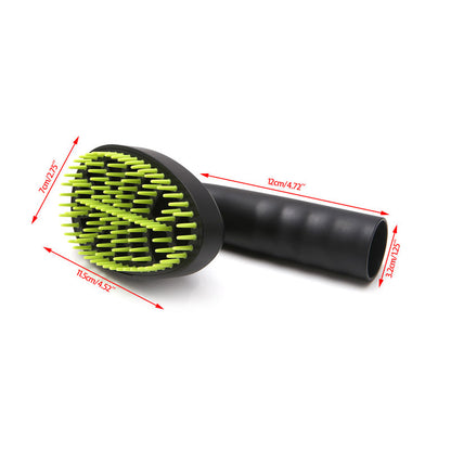 Dog grooming brush with green bristles and black handle, shown with measurements on a white background.