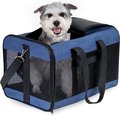 Dog inside a blue pet carrier with a white background