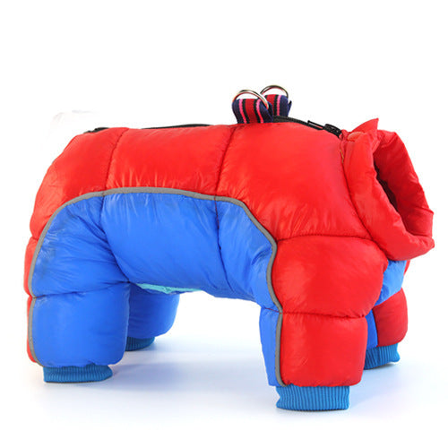 Red and blue puffer dog coat on a white background