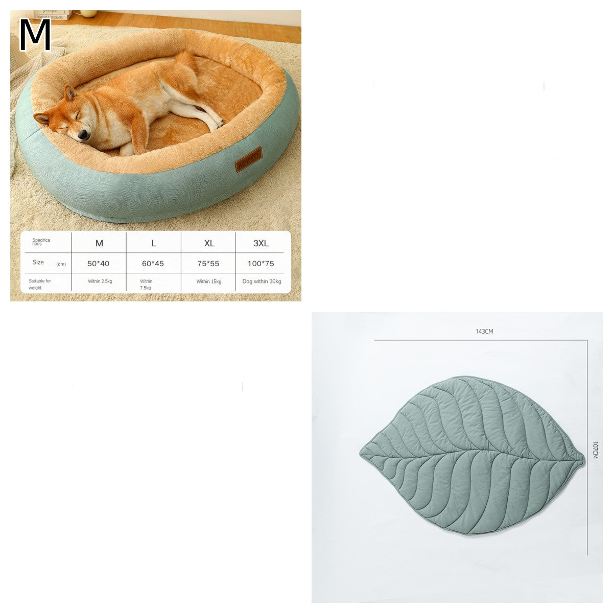 Pet bed with a dog inside, size chart, and leaf-shaped cushion on a white background