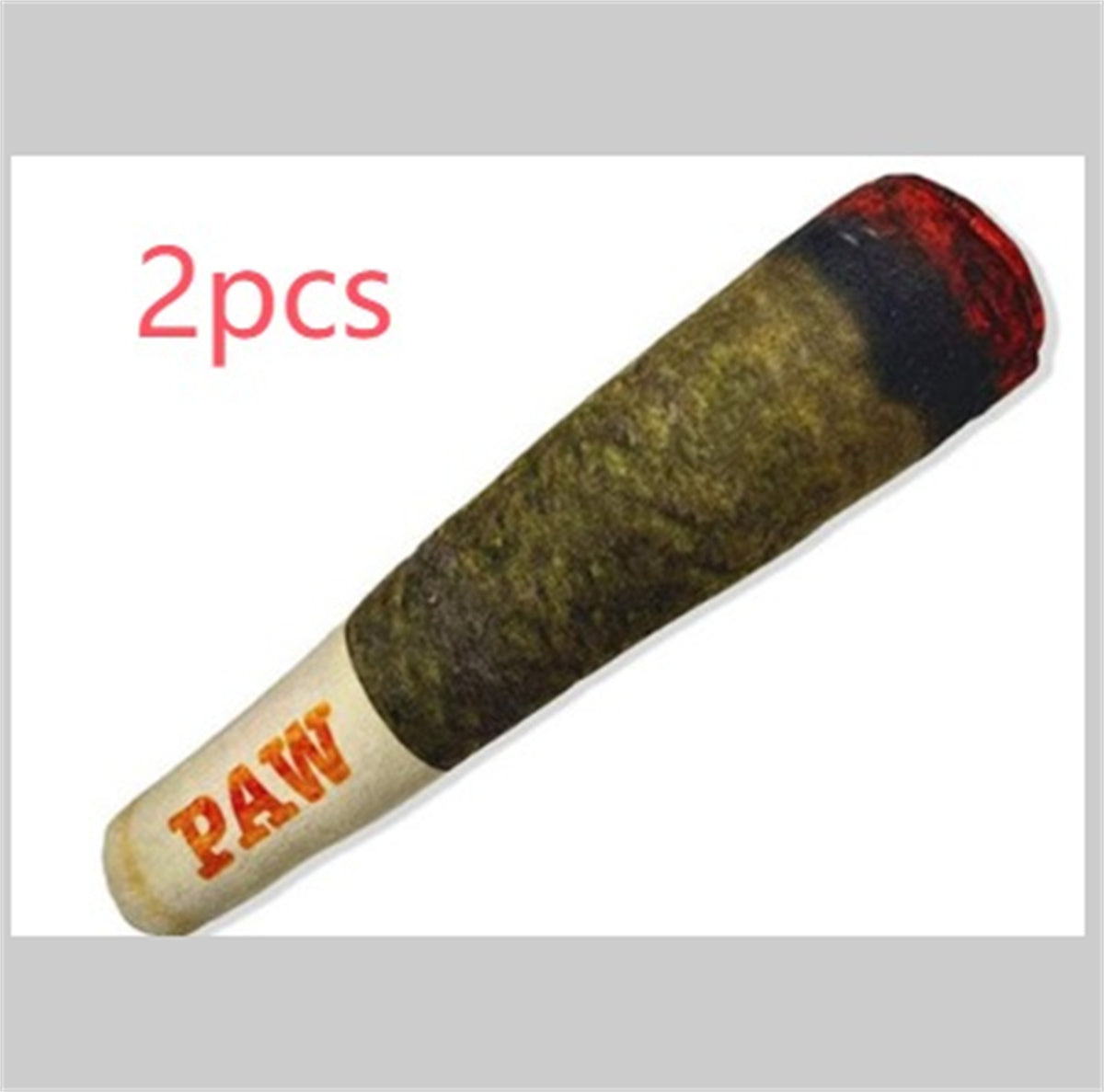 Dog toy resembling a cigar with 'PAW' branding on a gray background