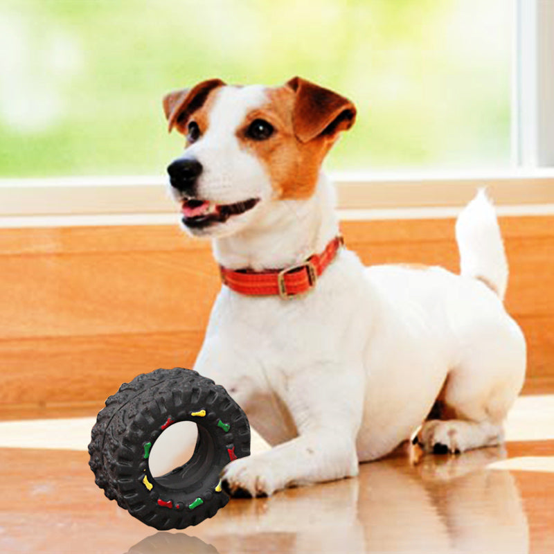 Dog playing with a black rubber toy on a wooden floor.