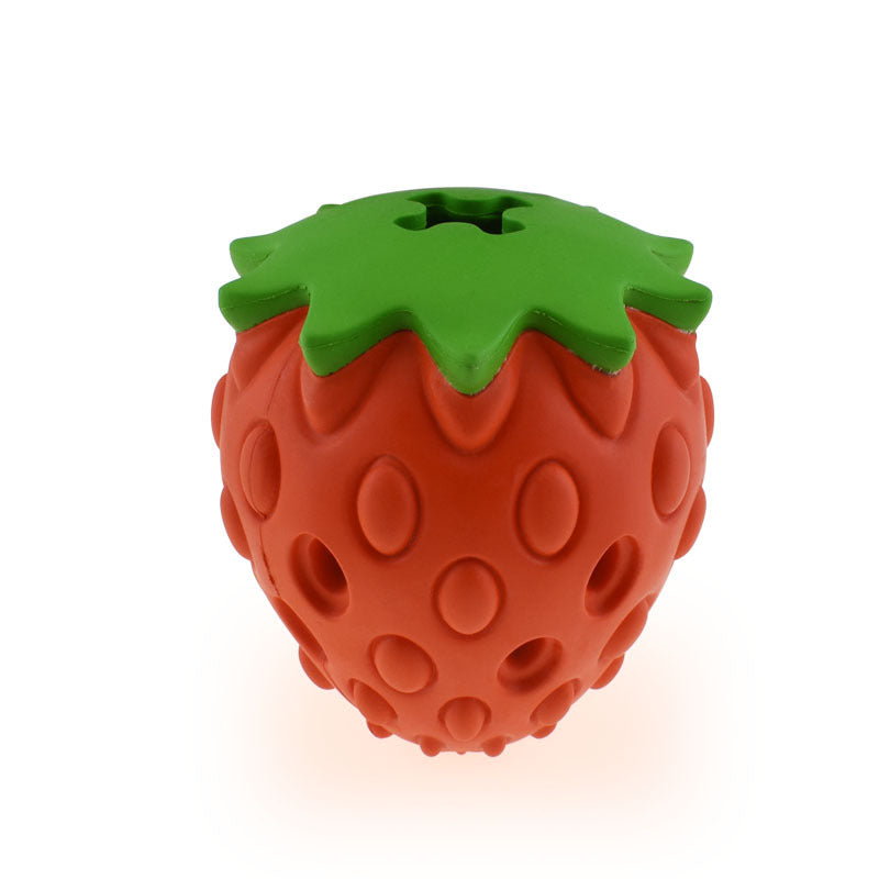 Strawberry-shaped dog toy with a green top on a white background