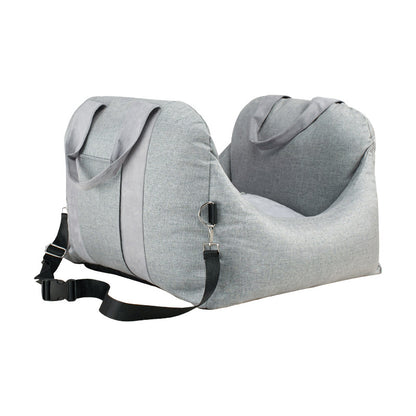 Gray pet car seat with straps on a white background