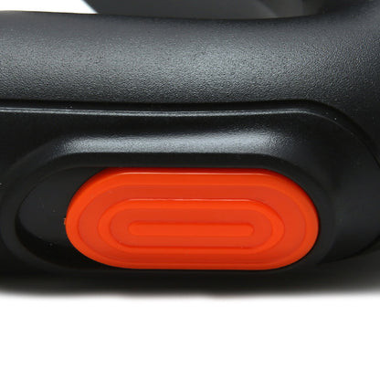 Close-up of a black and orange control panel on a white background