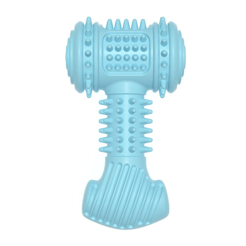 Blue dog toy with textured surface on a white background