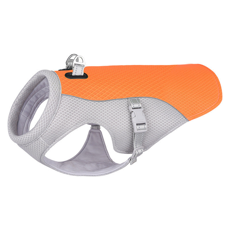 Dog harness with orange and gray design on a white background