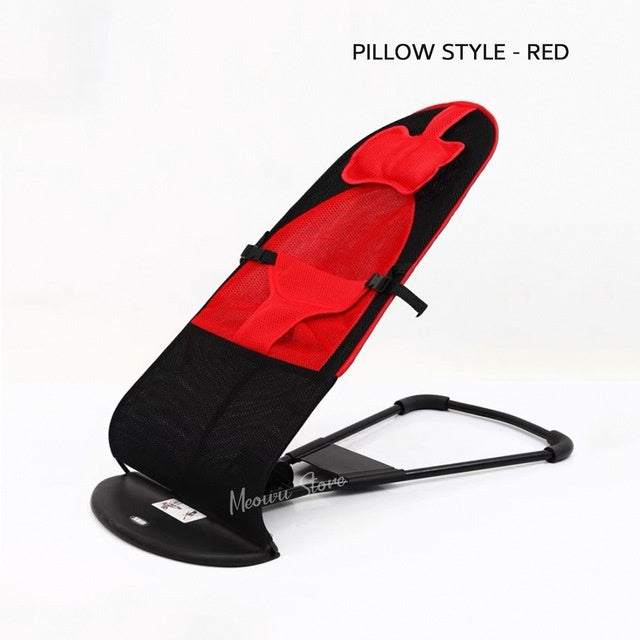 Red and black baby bouncer with 'Meowis Style' branding on a white background