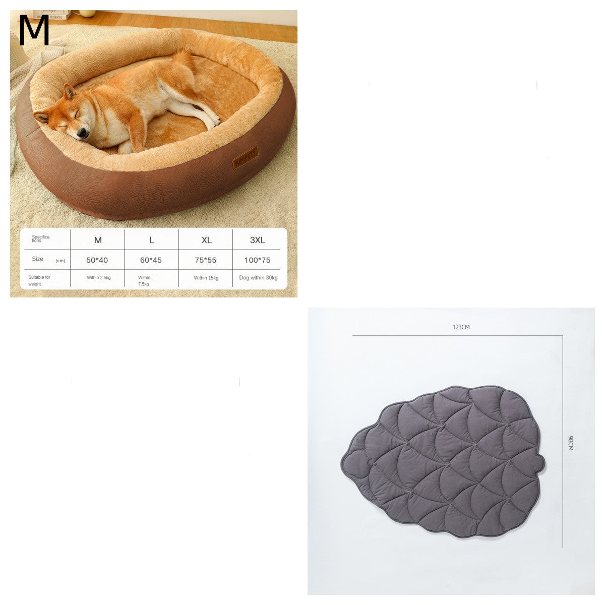 Dog lying in a brown pet bed with size chart, gray pet mat on a white background