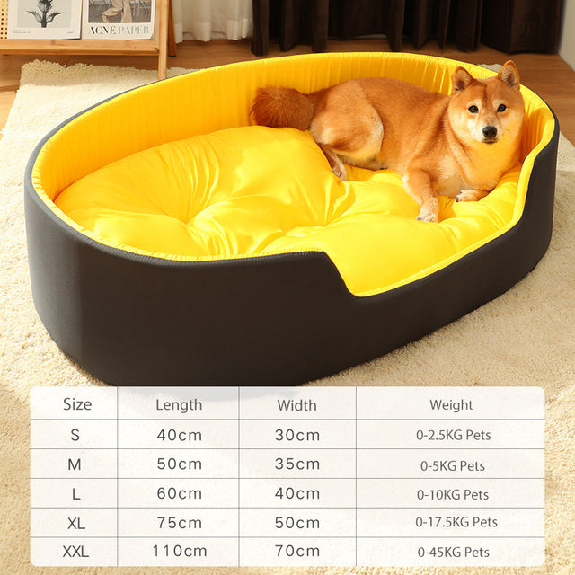 Dog lying on a yellow and black pet bed with a size chart at the bottom.