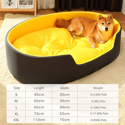Dog lying on a yellow and black pet bed with a size chart at the bottom.