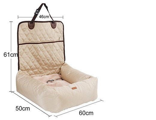 Beige car seat cover with dimensions on a white background