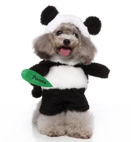 Dog wearing a panda costume with a green leaf label on a white background