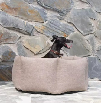 Dog sitting in a beige dog bed against a stone wall.