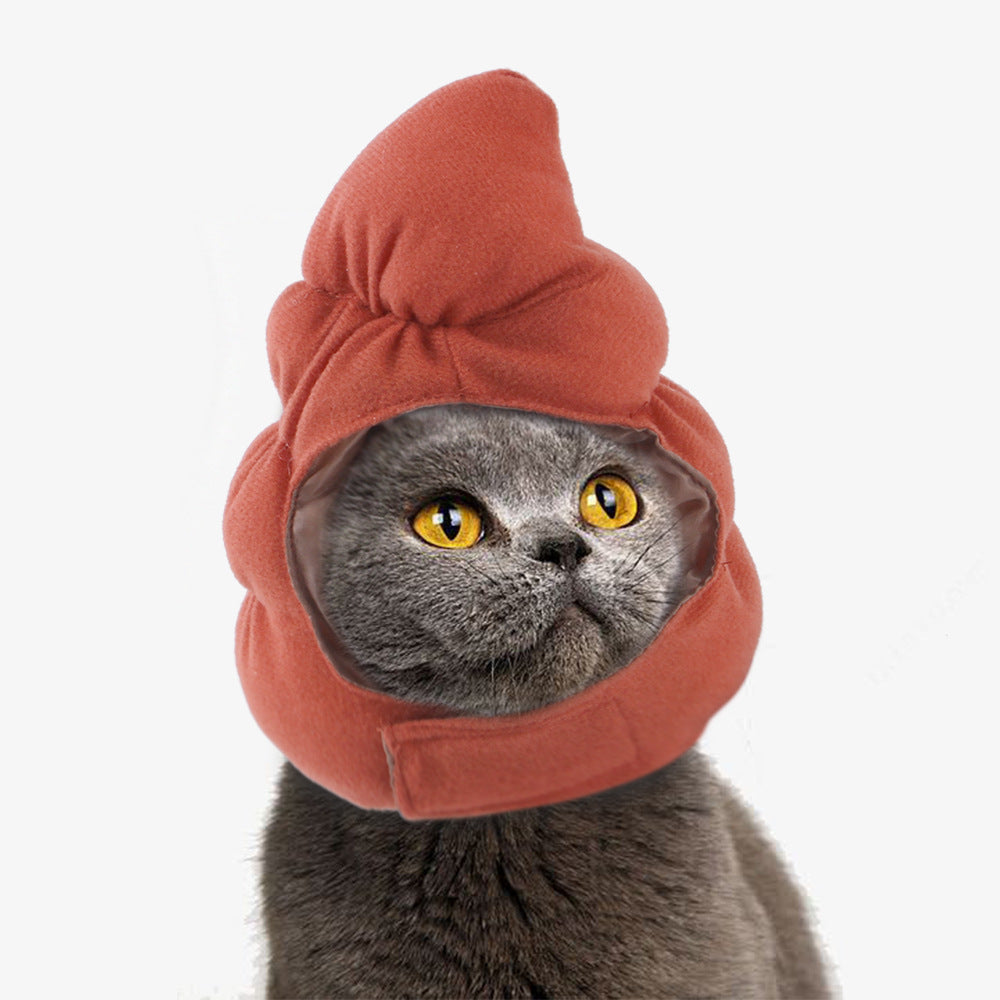 Cat wearing a red hood on a white background