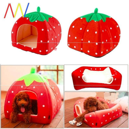Strawberry-shaped pet bed with a dog inside, shown from multiple angles on a white background.