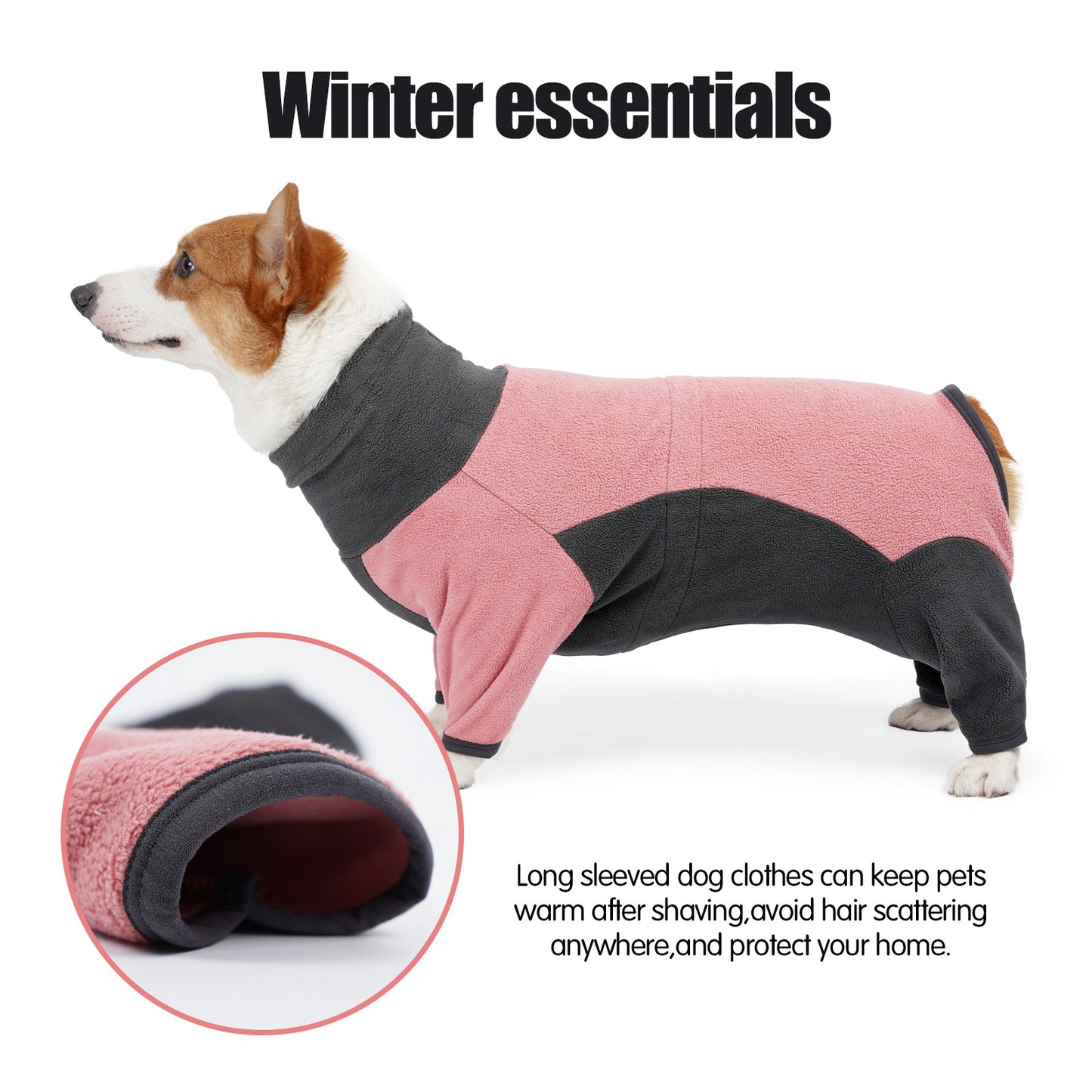 Dog wearing a pink and black long-sleeve dog coat with text about winter essentials.