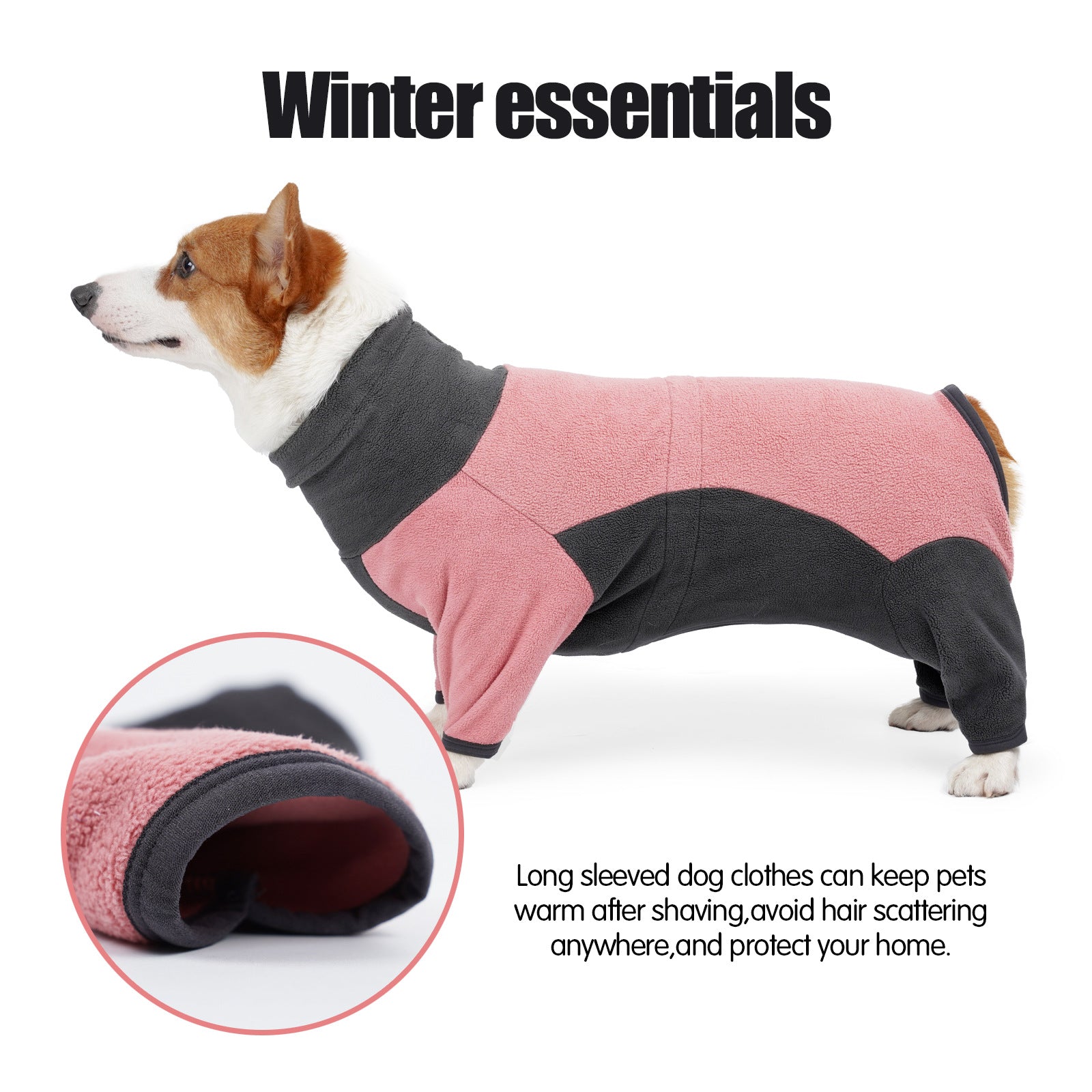 Dog wearing a pink and black long-sleeve dog coat with text about winter essentials.