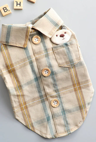 Plaid dog shirt with buttons on a gray background