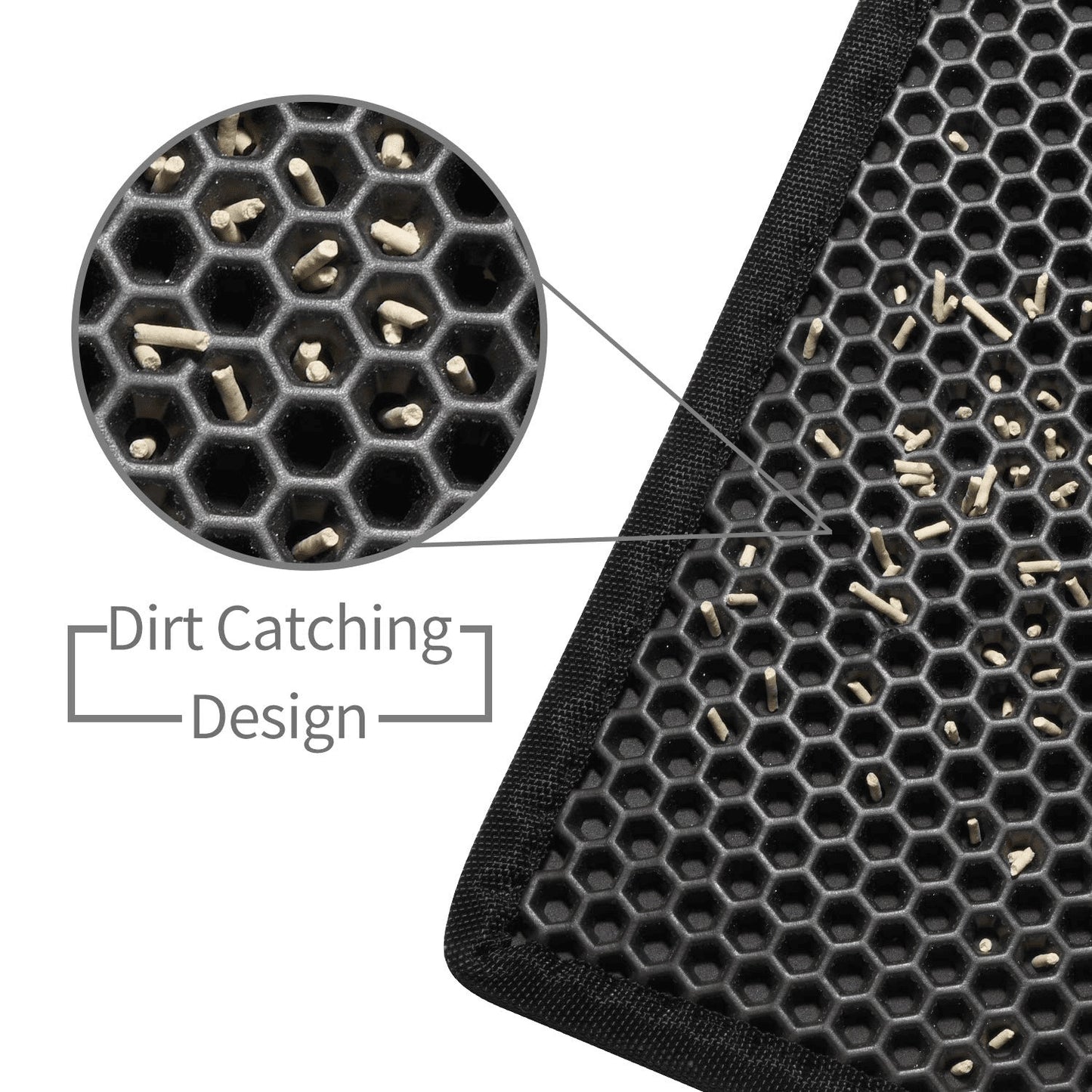 Close-up of a black mat with honeycomb design and dirt-catching features, labeled 'Dirt Catching Design'.