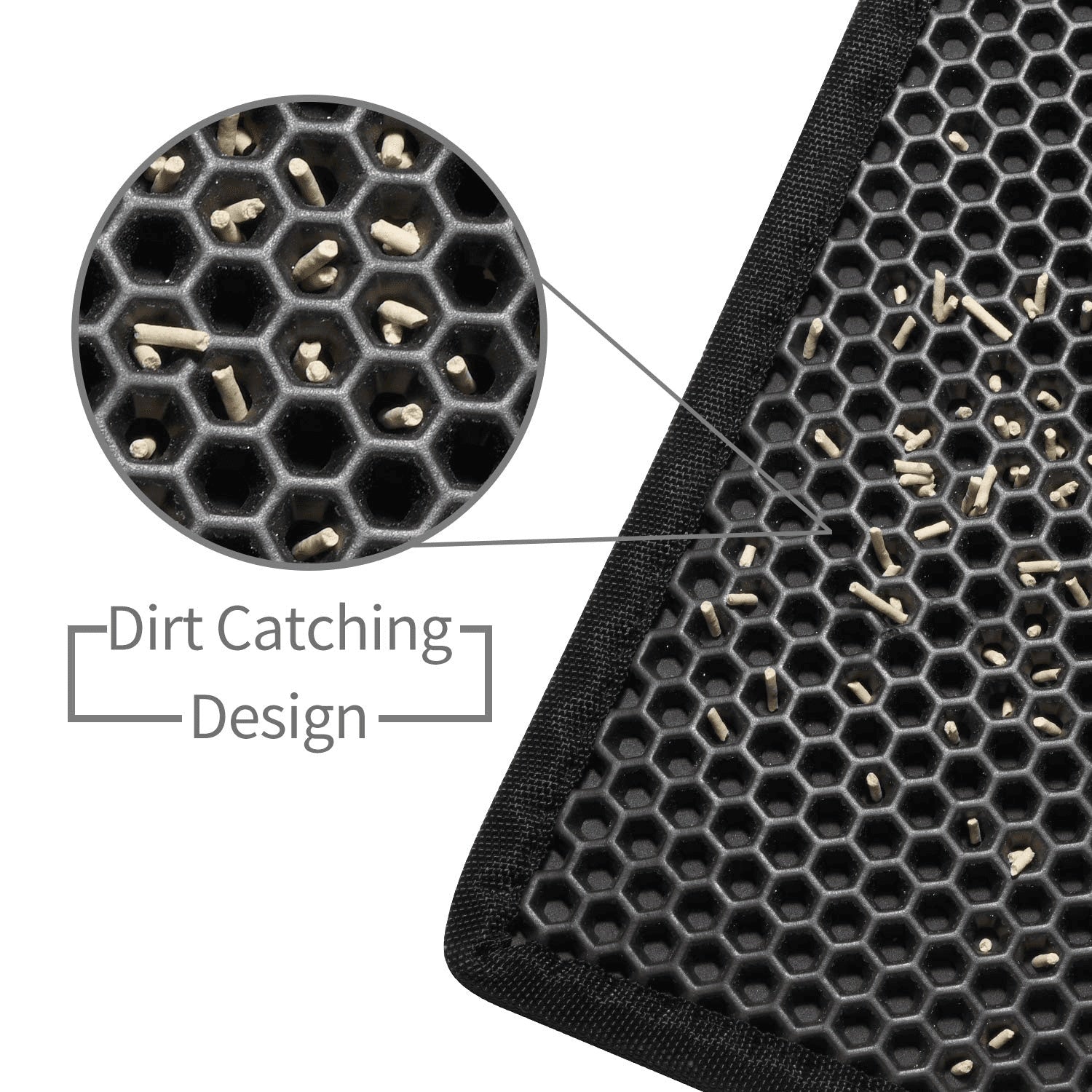 Close-up of a black mat with honeycomb design and dirt-catching features, labeled 'Dirt Catching Design'.