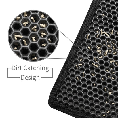 Close-up of a black mat with honeycomb design and dirt-catching features, labeled 'Dirt Catching Design'.