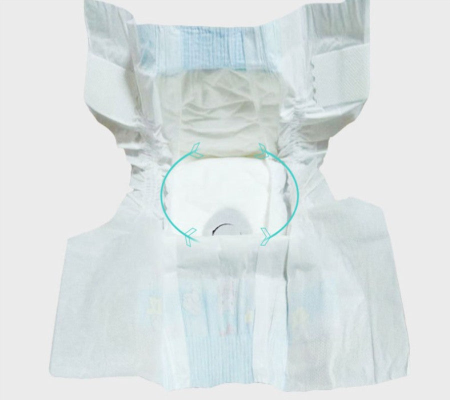 White diaper with blue elastic bands on a white background