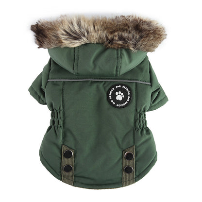 Green dog coat with fur hood on a white background