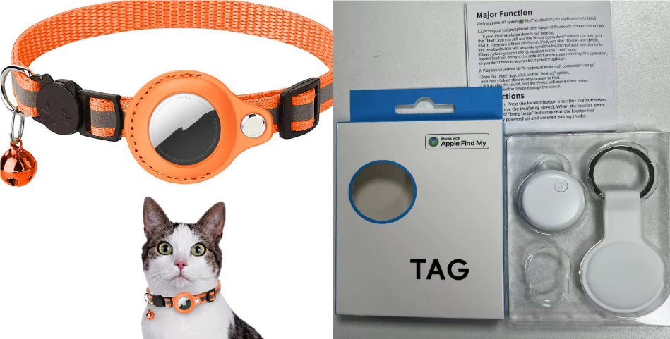 Orange Reflective Waterproof AirTag Collar  and key chain for Cats & Dogs and cat wearing the collar