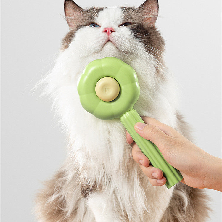 Cat being held by a person using a green pet grooming tool on a light gray background