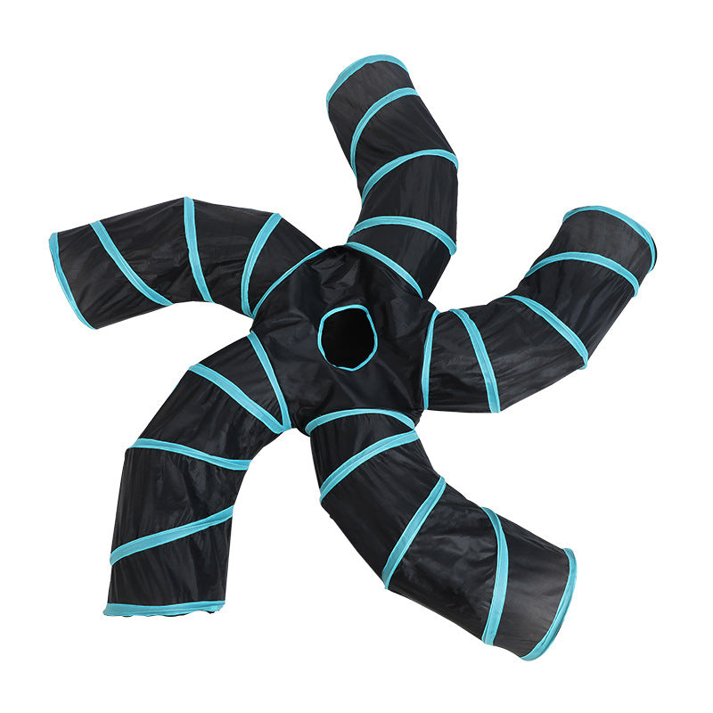 Black and blue cat toy tunnel on a white background