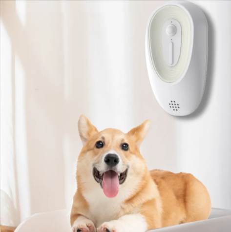 Dog sitting next to a white electronic device on a light-colored wall.
