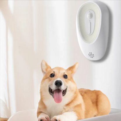 Dog sitting next to a white electronic device on a light-colored wall.