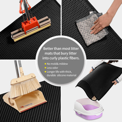 Collage of a litter mat with cleaning tools and text highlighting its benefits.